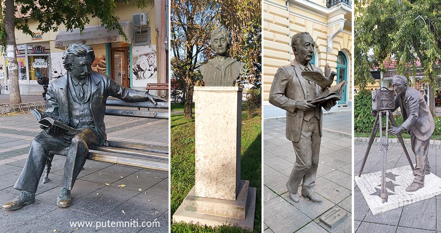 Spomenici umetnicima u Somboru (Laza Kostić, Isidora Sekulić, Veljko Petrović i Ernest Bošnjak)